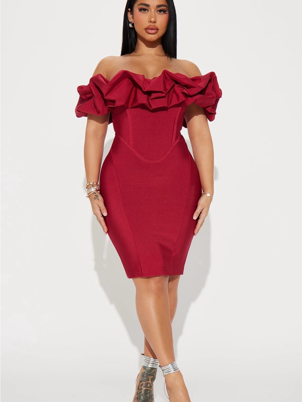 Fashion Nova Red One-Shoulder Ruffle Bodycon Dress